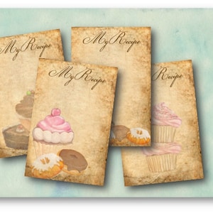 May include: Four printable recipe cards with a vintage aesthetic. Each card features a different illustration of a cupcake or donut. The text "My Recipe" is written on three of the cards.