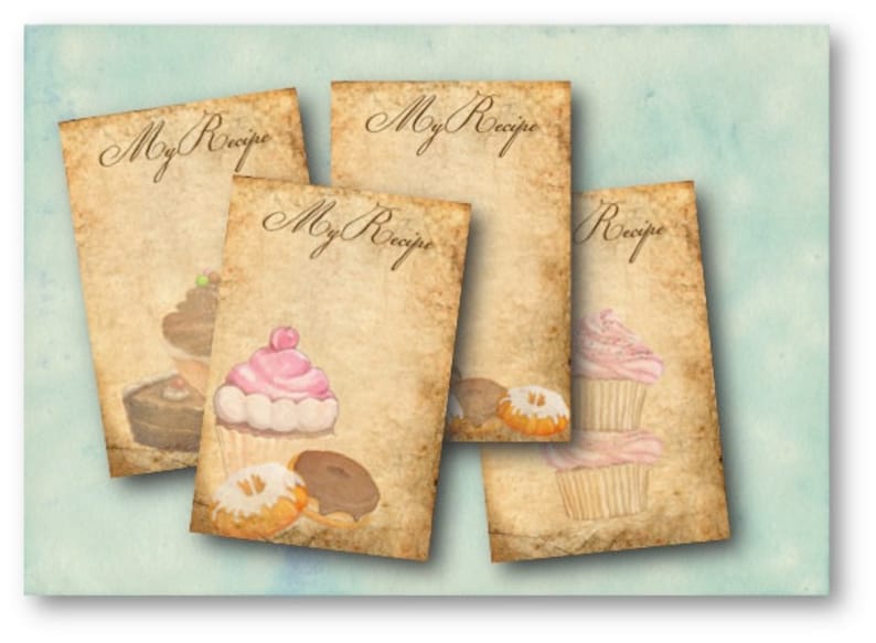 May include: Four printable recipe cards with a vintage aesthetic. Each card features a different illustration of a cupcake or donut. The text "My Recipe" is written on three of the cards.