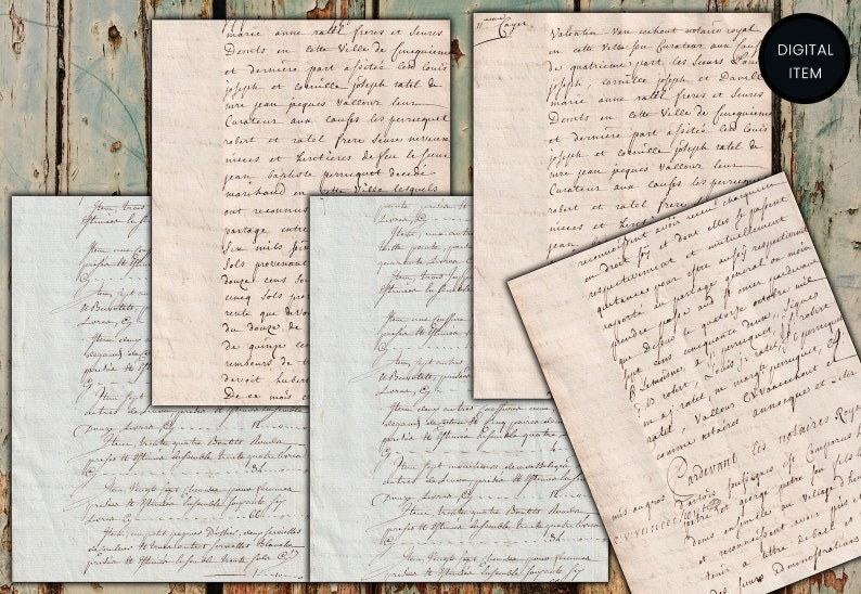 May include: Four pieces of vintage paper with handwritten text in French. The paper is aged and has a yellowed, worn appearance. The text is in cursive and is difficult to read. The paper is perfect for scrapbooking, card making, or other craft projects.