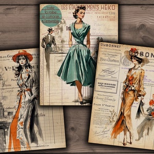 Vintage Fashion Ephemera, Digital Fashion Paper, Printable Retro Fashion Sketches, Digital pattern paper download - VBM3096