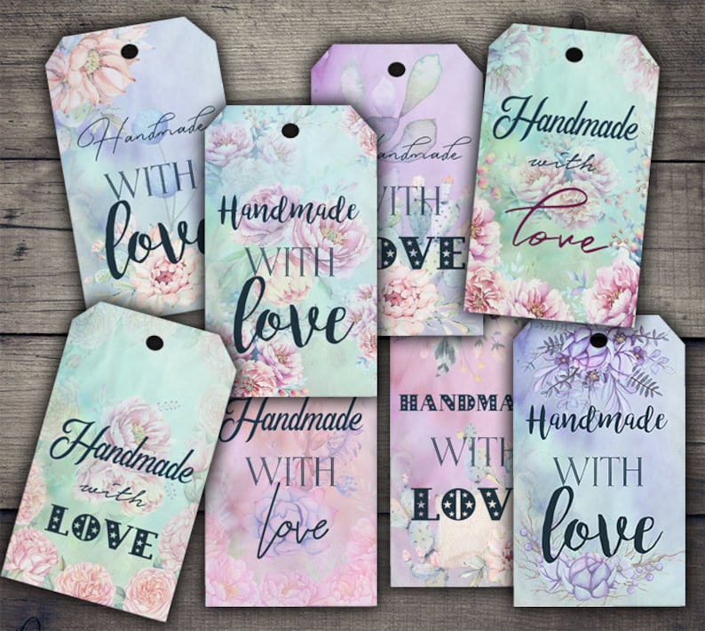 DIGITAL Handmade with Love Floral Gift Tags Digital Collage Sheet Printables image 1