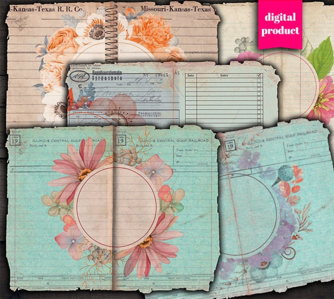 DIGITAL Grunge Floral Junk Journal Pages - Printable Grunge Journaling ...