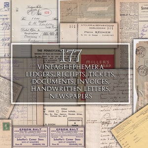 DIGITAL Vintage Ephemera - Faturas vintage, documentos, livros, cartas manuscritas, ingressos, recibos, recibos, jornais, anúncios Vol.3