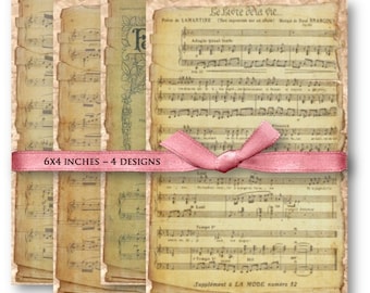 May include: Four vintage sheet music pages with a pink ribbon tied around them. The pages are 6x4 inches and feature musical notes and text in French. The text on the page reads "Le Livre dela vie..." and "Supplément à LA MODE numéro 52".