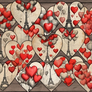 Etiquetas digitales del corazón de San Valentín de París, papel efímero de San Valentín vintage, etiquetas de regalo de amor imprimibles, descarga de corazones digitales - VBM3292