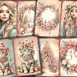 Boho Christmas, Junk Journal, Wydrukowane papiery świąteczne, Różowe dziewczęce święta, Boho Digital Journal Pages Download - VBM3264