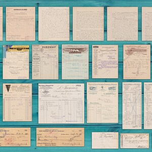 May include: A collection of vintage invoices and receipts on a blue wooden background. The documents are in French and feature handwritten text and various company logos. The documents are dated from the early 1900s.