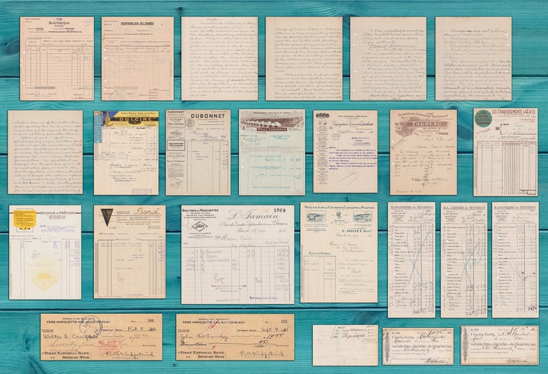 May include: A collection of vintage invoices and receipts on a blue wooden background. The documents are in French and feature handwritten text and various company logos. The documents are dated from the early 1900s.