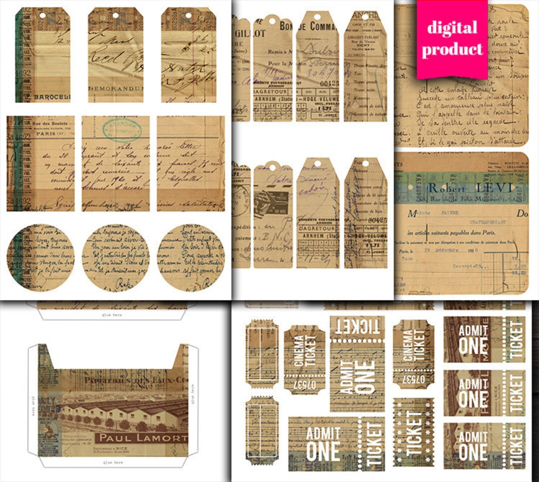 DIGITAL Vintage Ephemera Junk Journal Kit - Printable Grunge Ephemera ...
