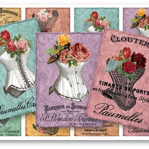 May include: Vintage style digital paper with a collage of images featuring corsets, flowers, and text in French. The text includes "Fabrique de Serrurerie", "T. Plomdeur Tourneur", "Clouterie", "Tirants de Porte", and "Paumelles".