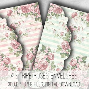 Envelopes DIGITAL com listras e rosas - Download de folha de colagem digital - 1039 - Papel digital - Download instantâneo para impressão