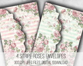 DIGITAL Stripes and Roses Envelopes - Digital Collage Sheet Download - 1039 - Digital Paper - Instant Download Printables