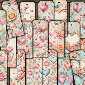 May include: A set of 18 vintage-style gift tags featuring watercolor illustrations of roses, hearts, and floral designs. The tags are printed on white cardstock with a distressed, aged look. They are perfect for adding a touch of charm to your gifts.