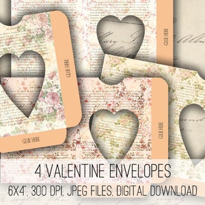 DIGITAL Floral Heart Envelopes Folha de colagem digital Download -1168- Download instantâneo - Download instantâneo para impressão