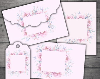 DIGITAL Watercolor Floral Envelopes, Tags & Cards Digital Printables