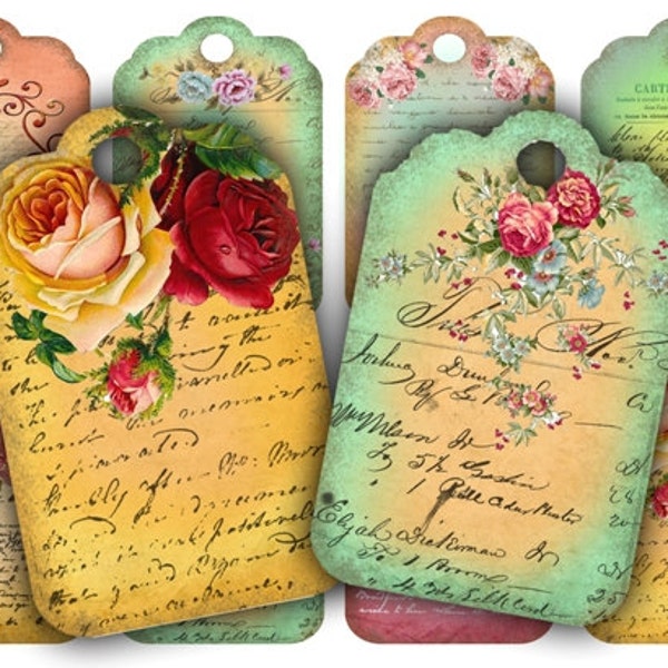 Rosen Ephemera Tags: Vintage Floral Digital Collage Sheet (Digitaler Download)