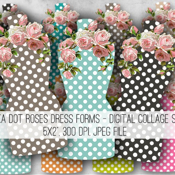 DIGITAL Polka Dot Roses Dress Form Digital Collage Sheet Download -977- Digital Paper - Instant Download Printables