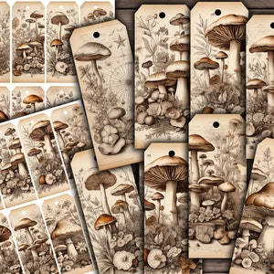 Produtos botânicos vintage, cogumelos, fungos, etiquetas XL de ervas, kit de registro de lixo botânico digital, coisas efêmeras botânicas para impressão - VBM3027
