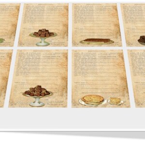 May include: A collage of eight vintage illustrations of various baked goods, including chocolate squares, a loaf of bread, a pie, and a plate of pastries. The illustrations are printed on a textured, aged paper background.