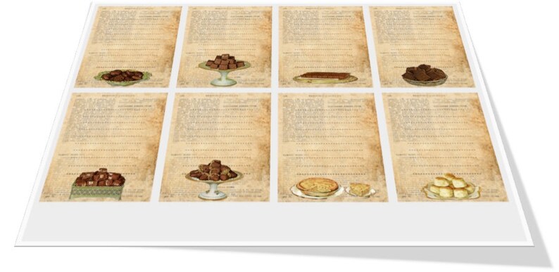 May include: A collage of eight vintage illustrations of various baked goods, including chocolate squares, a loaf of bread, a pie, and a plate of pastries. The illustrations are printed on a textured, aged paper background.