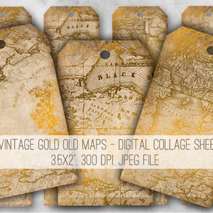 DIGITALE Digitale Bilder - Digital Collage Sheet Download - Vintage Gold Alte Karten Tags - 974 - Digitales Papier - Sofort Download Druckbares