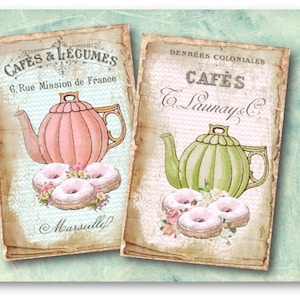 Tea and Donuts Collage Sheet: Vintage French Cafe Art (Digital Download)