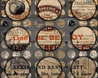 DIGITAL Vintage Ephemera 1 inch Circles - Digital Collage Sheet Download