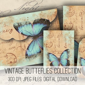 CYFROWE Vintage Butterfly Koperty, Tagi i Karty Cyfrowy Arkusz Kolażu Pobierz -1158- Papier Cyfrowy - Natychmiastowe Pobieranie Wydruków