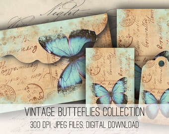 DIGITAL Vintage Butterfly Envelopes, Tags & Cards Digital Collage Sheet Download -1158- Digital Paper - Instant Download Printables