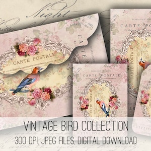 Koperty, Tagi i Karty Shabby Pink Bird - Cyfrowy Arkusz Kolażu Do Pobrania -1157- Papier Cyfrowy - Natychmiastowe Pobieranie Wydruków