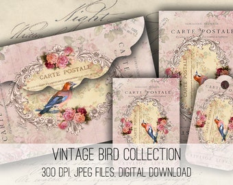 Shabby Pink Bird Envelopes, Tags & Cards - Digital Collage Sheet Download -1157- Digital Paper - Instant Download Printables