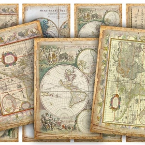 PAPER BITS Digital Printable Collage Sheet Vintage Postcards, Antique Maps,  Old Book Pages & Ephemera, 1 X 2 Tiles, Instant Download 