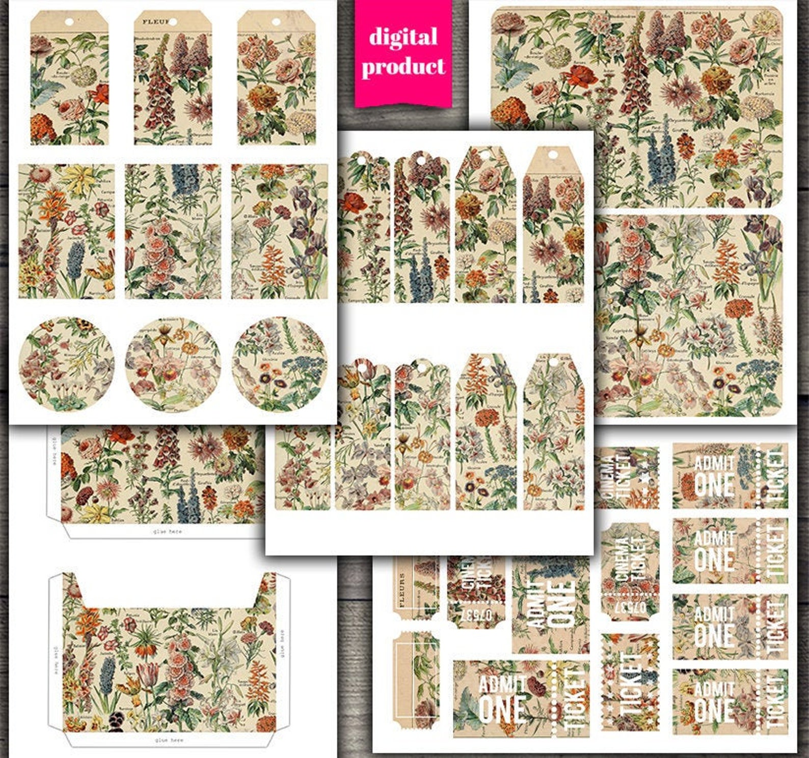 DIGITAL Vintage Botanical Junk Journal Kit - Printable Vintage Floral ...