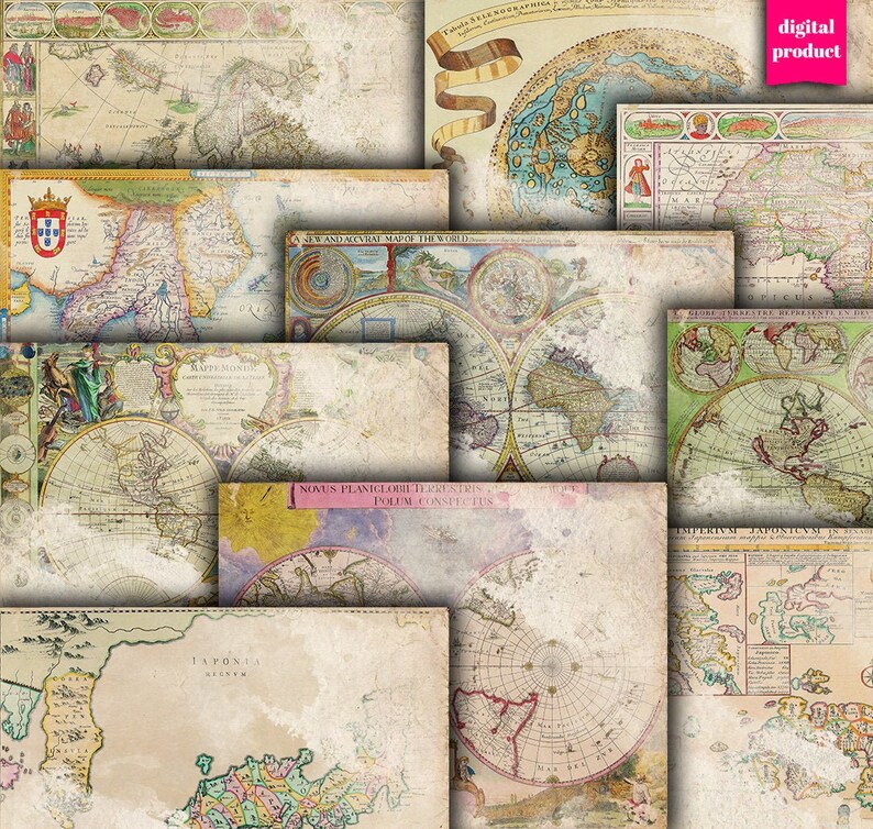 DIGITAL Grunge Old World Maps Printable Vintage World Maps Etsy
