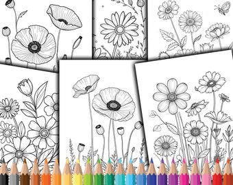 Printable Floral Coloring Pages for Kids and Adults, Digital Flowers Coloring Book, Digital Coloring Pages Download, Art Therapy - VBM3314