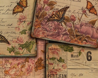 DIGITAL Vintage Floral Butterflies Digital Papers - Printable Junk Journal Ephemera - VBM1982