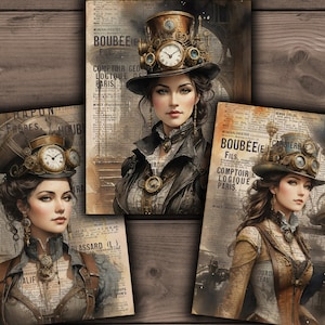Steampunk Digital Papers, Printable Grunge Steampunk Images, Steampunk Girl, Victorian Girl, Steampunk Junk Journal Kit - VBM3079