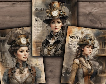 Papiers numériques Steampunk, Images Steampunk Grunge imprimables, Fille Steampunk, Fille victorienne, Kit Steampunk Junk Journal - VBM3079