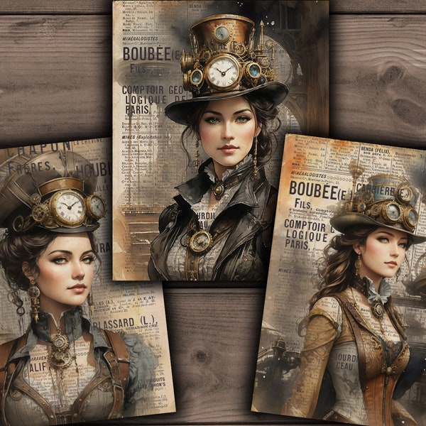 Steampunk Digital Papers, Printable Grunge Steampunk Images, Steampunk Girl, Victorian Girl, Steampunk Junk Journal Kit - VBM3079