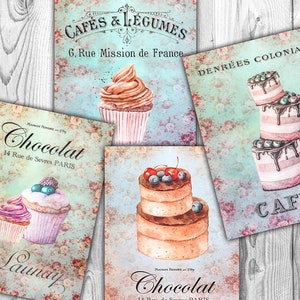 DIGITAL Shabby Chic Français Bakery - Gâteaux & Cupcakes - Digital Collage Sheet Télécharger
