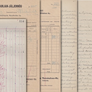 May include: A close-up of a handwritten document with a grid pattern and columns labeled with numbers. The document is titled "RAHTIKIRJAN-J&Auml;LJENN&Ouml;S" and includes the text "Mets&auml;nomistajain Mets&auml;keskus Oy."