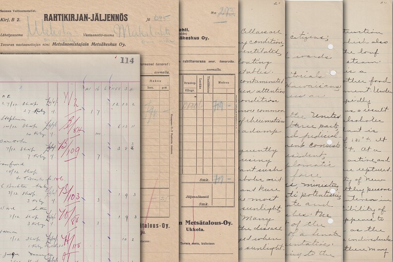 May include: A close-up of a handwritten document with a grid pattern and columns labeled with numbers. The document is titled "RAHTIKIRJAN-J&Auml;LJENN&Ouml;S" and includes the text "Mets&auml;nomistajain Mets&auml;keskus Oy."