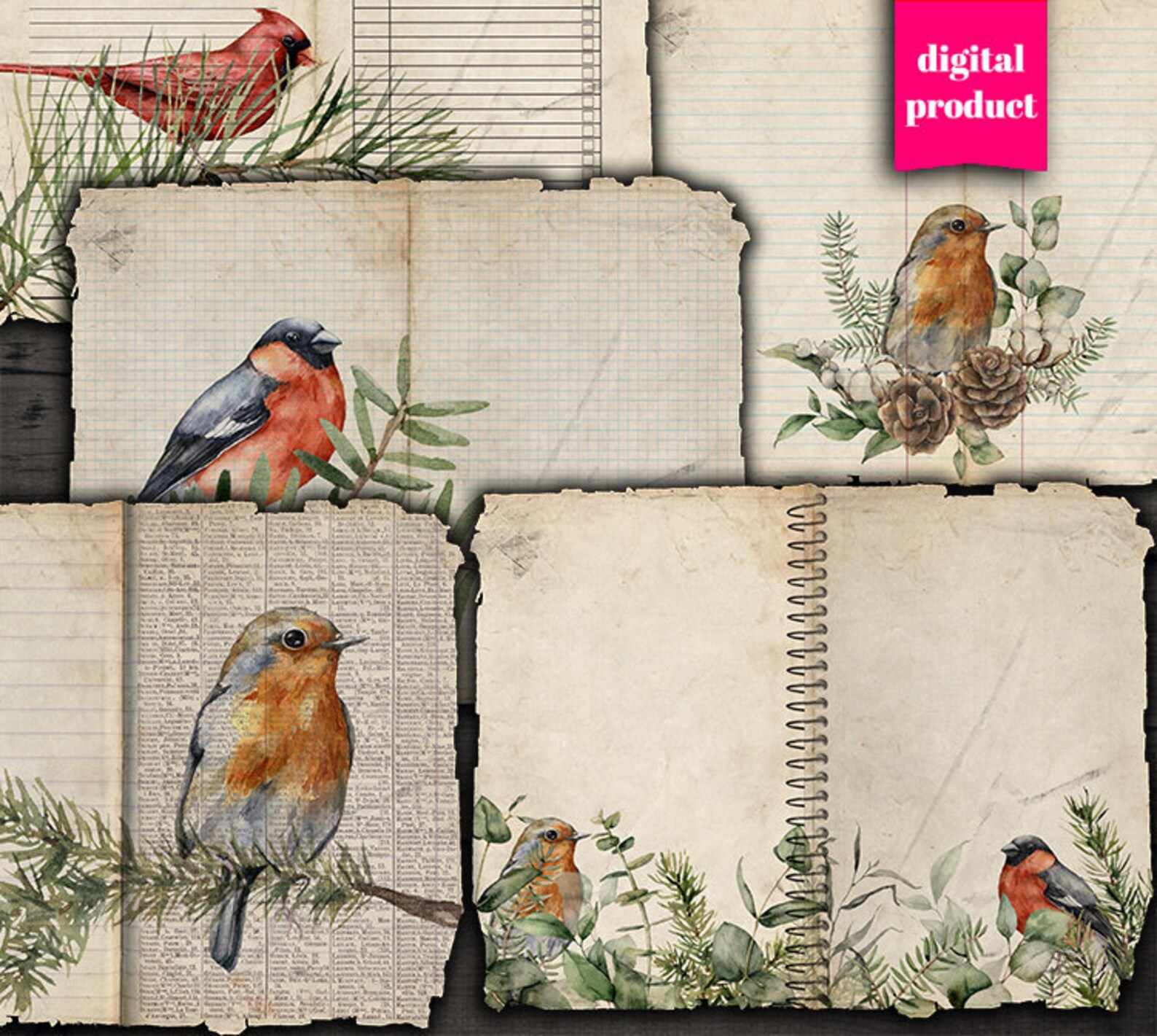 DIGITAL Birds Junk Journal Kit - Printable Grunge Journaling Pages ...