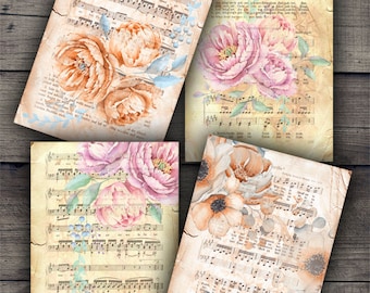 DIGITAL Vintage Floral Music Sheets Digital Collage Sheet Download - Digital Paper - Instant Download Printables