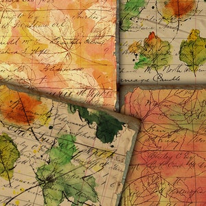 May include: A collage of vintage paper with watercolor painted leaves in shades of green, orange, and red. The paper has handwritten text in black ink, including the words "Baby", "Sauld", "Mishira", "Polidepraco", "urit MM Sess", "aff of care", "Tran", and "Bauley Crey".