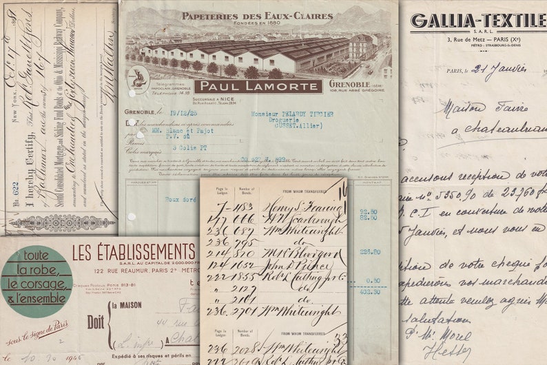 May include: A collection of vintage paper documents with handwritten text and a black and white illustration of a factory. The documents include a business letterhead for a paper company, a receipt, and a handwritten note. The text on the documents is in French.