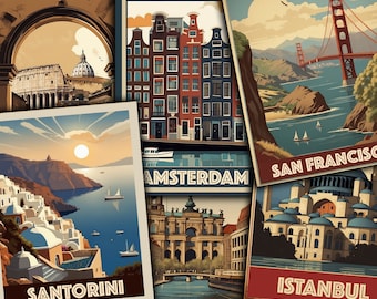 Digital Retro Travel Posters, Vintage Travel Ephemera, Printable Retro Postcards, City Art Print download - VBM3255