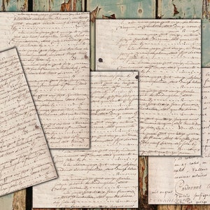 May include: Six pieces of vintage paper with handwritten text in brown ink on a cream background. The paper has a distressed, aged look with visible creases and tears. The paper is perfect for scrapbooking, card making, or other craft projects.