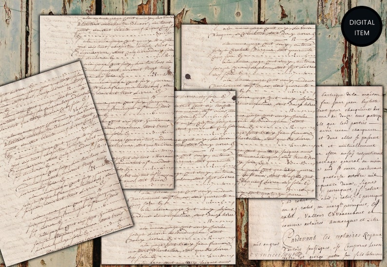 May include: Six pieces of vintage paper with handwritten text in brown ink on a cream background. The paper has a distressed, aged look with visible creases and tears. The paper is perfect for scrapbooking, card making, or other craft projects.