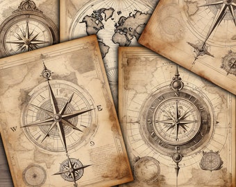 May include: A collage of vintage compass illustrations with a world map in the background. The compasses feature Roman numeral markings and intricate designs.